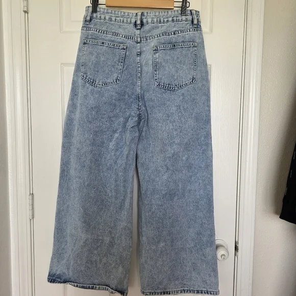 Patchwork Panelled Frayed Seam Wide Leg High Rise Jeans Size 31 - Picture 11 of 17